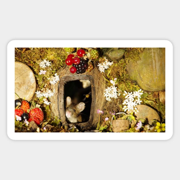 George the mouse in a log pile house + wasp Sticker by Simon-dell